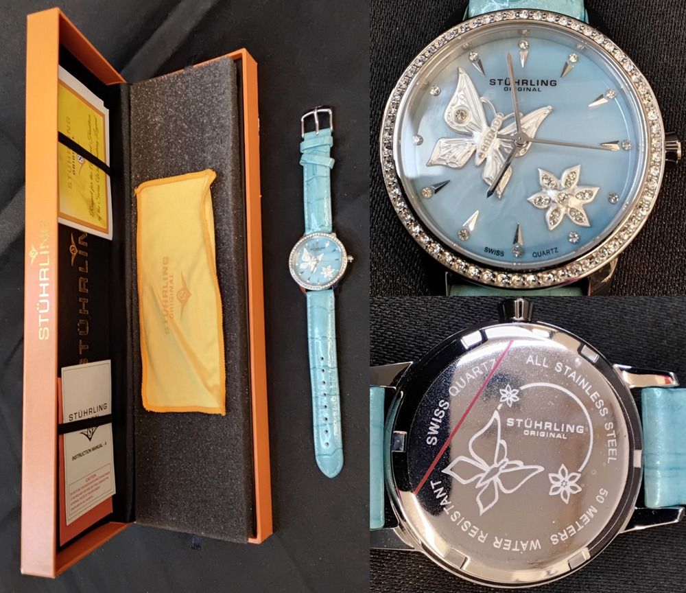 Stuhrling Women's Watch Butterfly Light Blue Crocodile Rhinestone in Box #Z5864